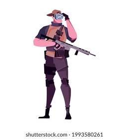 Military man with gun machine flat icon vector illustration