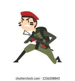 Military man with gun, warlike soldier character in camouflage uniform and red beret cartoon vector Illustration on a white background