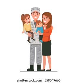 Military man with his family. Flat style vector illustration isolated on white background.