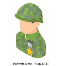 Military man icon isometric vector. Soldier, camouflage uniform with star badge. Hero, veteran, insignia, army, armed forces