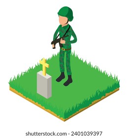 Icono de hombre militar vector isométrico. Soldado con armas cerca de la tumba de un amigo. Cementerio militar, día de la conmemoración