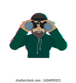 Military man looking through binoculars. The effect of glitch. Modern effect . Vector.