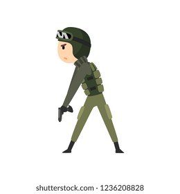 Military man ready to fight, soldier character in camouflage uniform cartoon vector Illustration on a white background