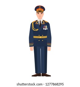 Military man of Russian armed force wearing full dress uniform. Infantryman on parade isolated on white background. Male cartoon character. Colored vector illustration in flat cartoon style.