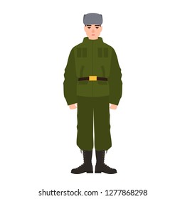 Military man of Russian armed force wearing army uniform and fur hat. Soldier or infantryman isolated on white background. Male cartoon character. Colorful vector illustration in flat cartoon style.