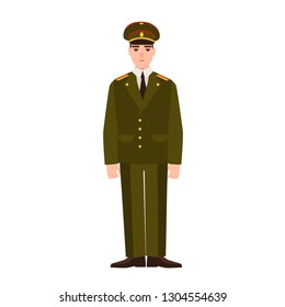 Military man of Russian armed force wearing uniform. Infantryman or serviceman. Officer, sergeant or lieutenant isolated on white background. Colored vector illustration in flat cartoon style.