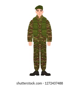 Military man or serviceman dressed in army camouflage uniform. Soldier, footman or infantryman isolated on white background. Male cartoon character. Colorful vector illustration in flat cartoon style.