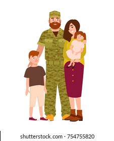 Military man, serviceman or soldier dressed in camouflage clothing, his wife and children. Happy family. Smiling flat cartoon characters isolated on white background. Colorful vector illustration.