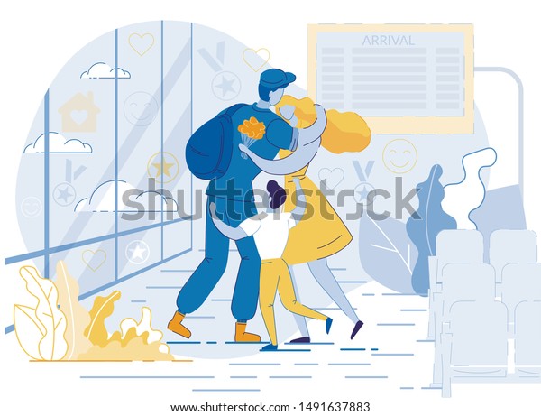 軍人 軍人 兵士が制服を着て 空港の平らな漫画のベクターイラストで妻と子どもを抱きしめる 幸せな家族 父と夫に会う 家に帰る のベクター画像素材 ロイヤリティフリー