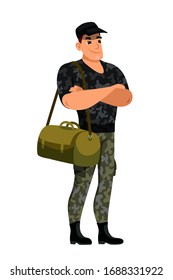 Military man traveler with bag standing isolated on white background. Smiling man tourist in camouflage with folded hand on chest. Adventurer in uniform. Tourism, expedition. Armed force