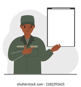 Military man in uniform with clipboards and a white sheet of paper for text. Vector flat illustration