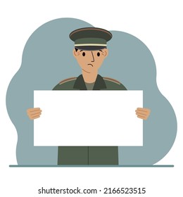 A military man in uniform holds a white sheet of paper in his hands. Concept for advertising, poster, banner. Vector flat illustration