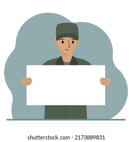 A military man in uniform holds a white sheet of paper in his hands. Concept for advertising, poster, banner. Vector flat illustration