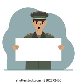 A military man in uniform holds a white sheet of paper in his hands. Concept for advertising, poster, banner. Vector flat illustration