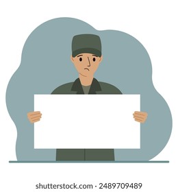A military man in uniform holds a white sheet of paper in his hands. Concept for advertising, poster, banner. Vector flat illustration