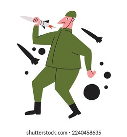 A military man in uniform throws a rocket. Military operation. Destruction with weapons. Soldier on duty. A missile used for military purposes. Illustration in flat graphic style.