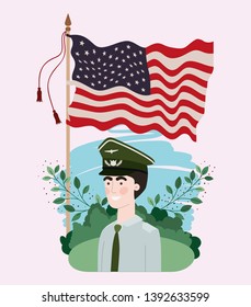 military man with usa flag in the field