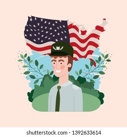 military man with usa flag in the field