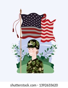 military man with usa flag in the field