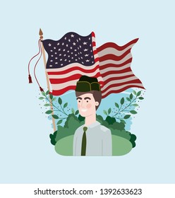 military man with usa flag in the field