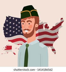 military man with usa map and flag