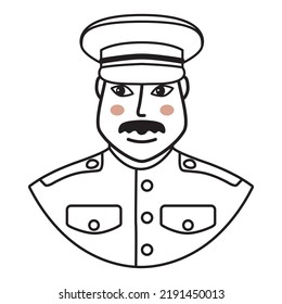Military man of wearing full dress uniform.Officer in full dress uniform.Insignia of army.Mlitary ranks shoulder badge. Doodle sketch style vector illustration.Isolated on white background.