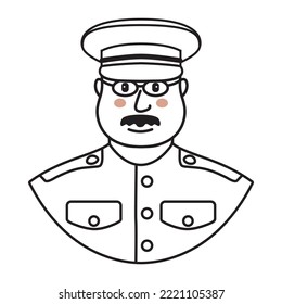 Military man of wearing full dress uniform.Officer in full dress uniform.Insignia of army.Mlitary ranks shoulder badge. Doodle sketch style vector illustration.Isolated on white background.