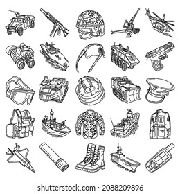 Military and Marine Corps Equipments Hand Drawn Icon Set Vector.