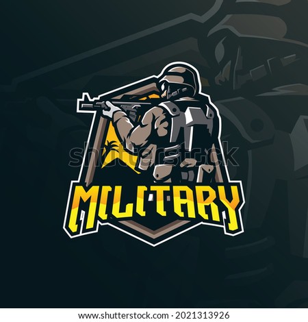 military mascot logo design vector with modern illustration concept style for badge, emblem and t shirt printing. military illustration with guns in hand.