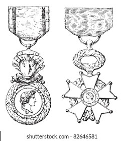 Military Medal, Cross of the Legion of Honor, vintage engraved illustration. Trousset encyclopedia (1886 - 1891).