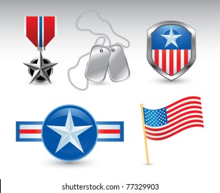 Military medal, dog tags, american flag, and military pins