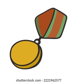 Military Medal Doodle Cartoon Illustration. Golden War Medal. Army, Weapon Concept