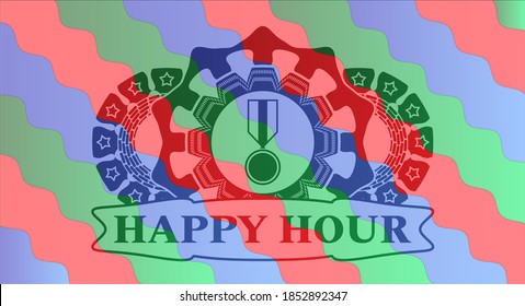 Military medal icon and Happy hour text Colorful candy multicolored realistic emblem. Curvy chic background. Intense illustration. 