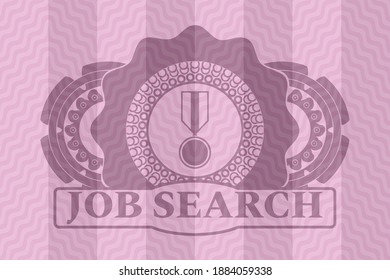 Military Medal Icon And Job Search Text Pink Wavy Emblem. Curve Delicate Background. Artistic Illustration. 