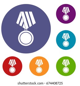 Military medal icons set in flat circle reb, blue and green color for web