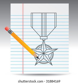 military medal on notebook paper with pencil