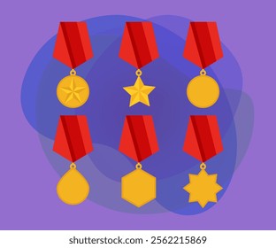 Military medals of different shapes vector illustrations set. Collection of cartoon drawings of gold medallions with red ribbons on purple background. Reward, army, achievement concept