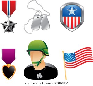 Military Medals, Pins, Dog Tags, Soldier, And American Flag On White Background