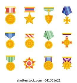 Military medals vector isolated icons in a flat style. Gold memorable military awards on a white background. Icons insignia and trophies. 