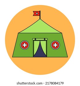 Military Medical Tent Providing First Aid To A Patient In A Sounding Situation. Flat Vector Illustration