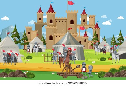 Military medieval camp with tents and soldiers illustration