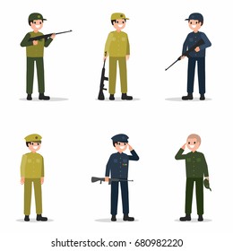Military men set with weapon in flat style, vector illustration. Soldiery in different camouflage uniform isolated on white background
