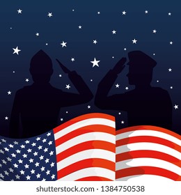 military men silhouettes with usa flag