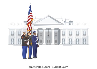 Military men with USA flag on white house vector illustration.