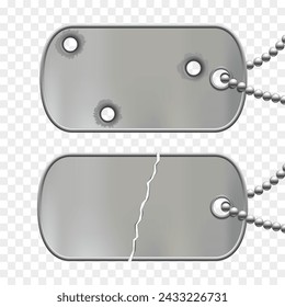 Insignia militar de metal con cadena. Etiquetas de perro dañadas con grietas y agujeros de bala. Maquetas aisladas sobre fondo transparente. Ilustración vectorial de stock