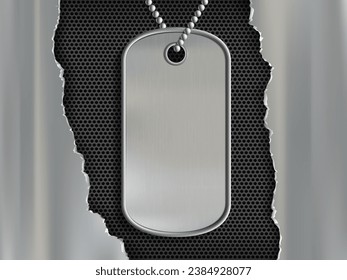 Military metal badge with chain. Mockup dog tag. Vector background