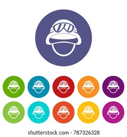 Military metal helmet set icons in different colors isolated on white background