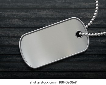 Military metal id tag on a black wooden background. Blank template. Vector illustration.