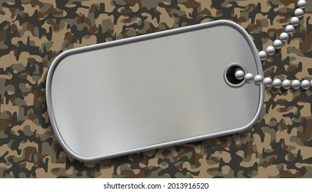 Military metal id tag template on a camouflage background. Vector illustration.