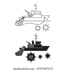 Military minesweeper ship with net and naval underwater mine icons in line and solid glyph styles. Navy warfare and marine defense vector design.Editable stroke, Vector illustration, Line art Icon, Symbols.